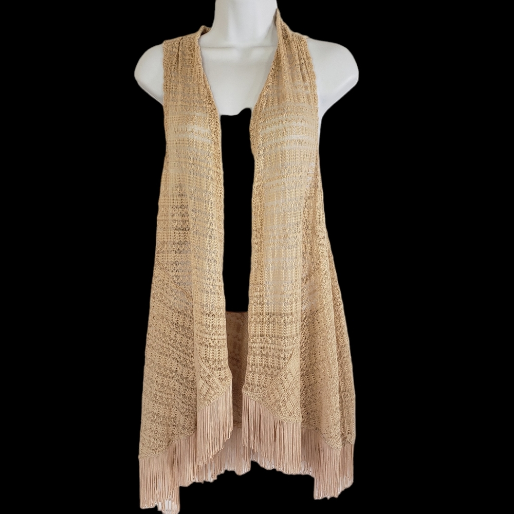 STUDIO JPR Knit Crochet Light Tan Open Cardigan Sweater Womens L EUC Boho Fringe